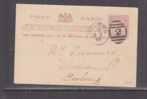 VICTORIA, POSTAL CARD, 1889 1d. Brown, GEELONG 2 duplex, local.