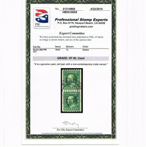 EXCELLENT GENUINE SCOTT #390 USED 1910 COIL PAIR PSE CERT GRADED XF-90