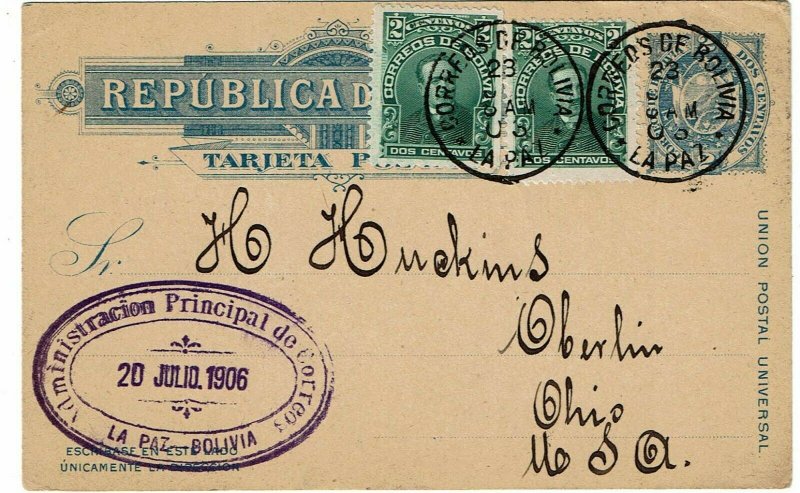 Bolivia 1906 La Paz cancel on uprated postal card to the U.S.