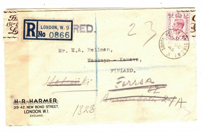 GB Cover FINLAND KGVI 6d Harmers Tape MULTIPLE RE-DIRECTIONS 1946 {samwells}B259