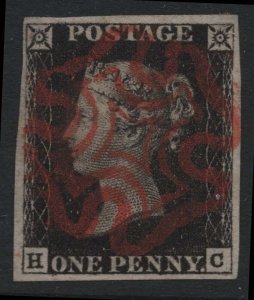 GB 1840 1d black plate 1b HC very fine used, 4 large margins, crisp red MX