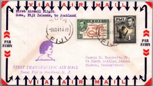 FIJI BRITISH 1941 CACHET FIRST TRANSPACIFIC AIRMAIL FLIGHT COVER ADDR USA