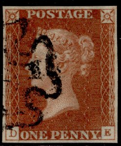 GB QV SG8, 1d red-brown BLACK MX PLATE 20, FINE USED. Cat £60. DE 