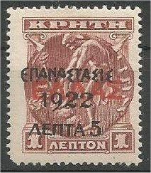 GREECE, 1905, MH 5 l on 1 l, Surcharge on Crete #111 Scott 276B