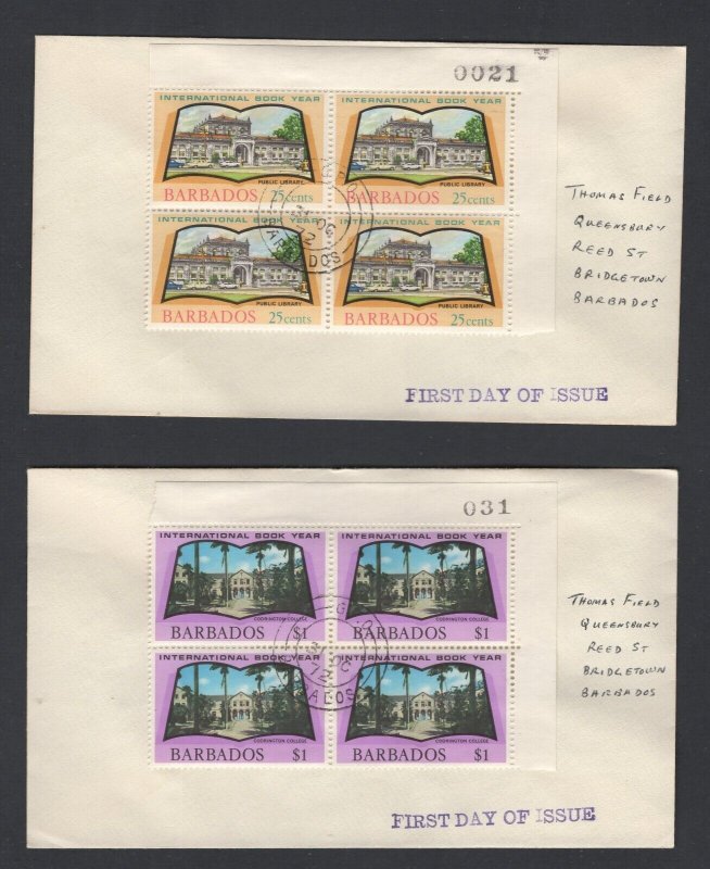 Barbados #376-79  (1972 Book Year set) blocks on addressed non-cachet FDC