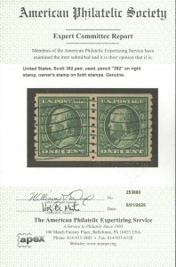U.S. #392 USED PAIR WITH APS CERT