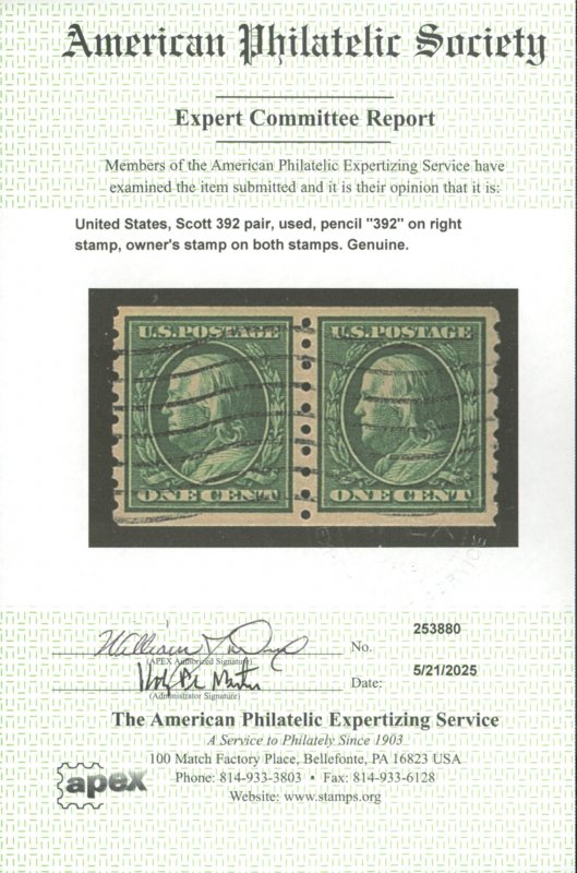 U.S. #392 USED PAIR WITH APS CERT