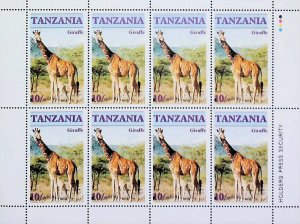 1986 Endangered Animals Tanzania Oryx Giraffe Rhinocero Cheetah MNH** Sheet X398-
