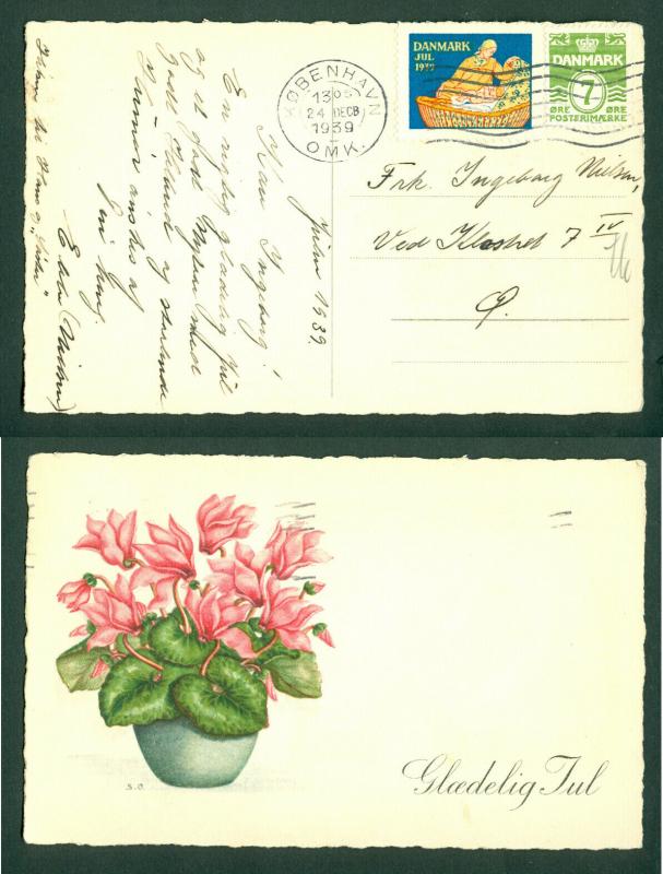 Denmark. Christmas Card 1939 With Seal + 7 Ore. Copenh,,Flowers. Cancel: 24 Dec.