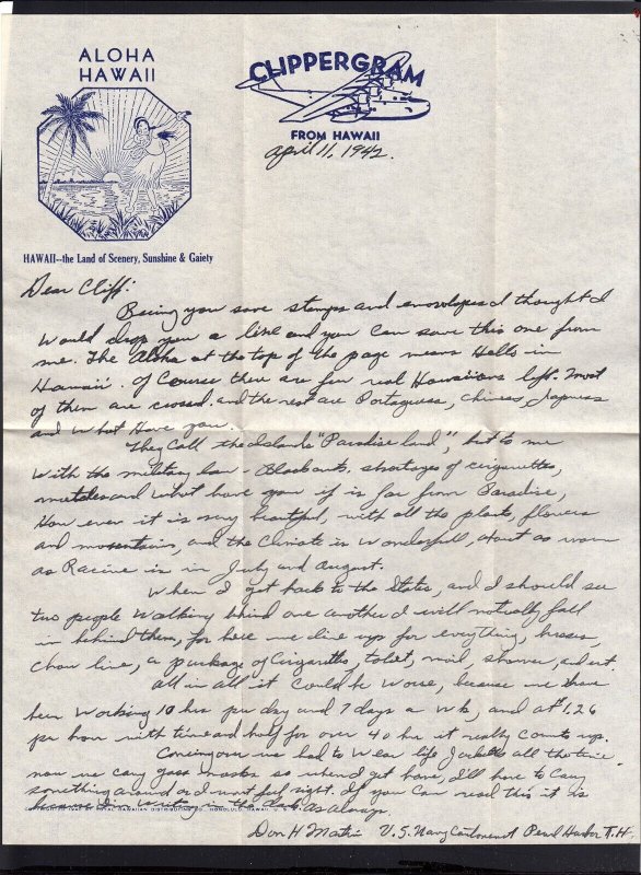 1942 CLIPPERGRAM From HAWAII with Letter & Censor Note 