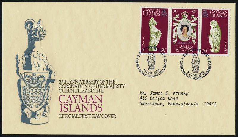 Cayman Islands 404a-c on addressed FDC - Queen Elizabeth 25th Anniv Coronation