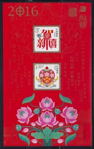 China PRC 2016 New Year Souvenir Sheet for Year of the Monkey MNH
