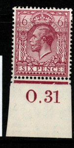 GB SG426a 1926 6d REDDISH PURPLE ORD PAPER CONTROL O31 MTD MINT