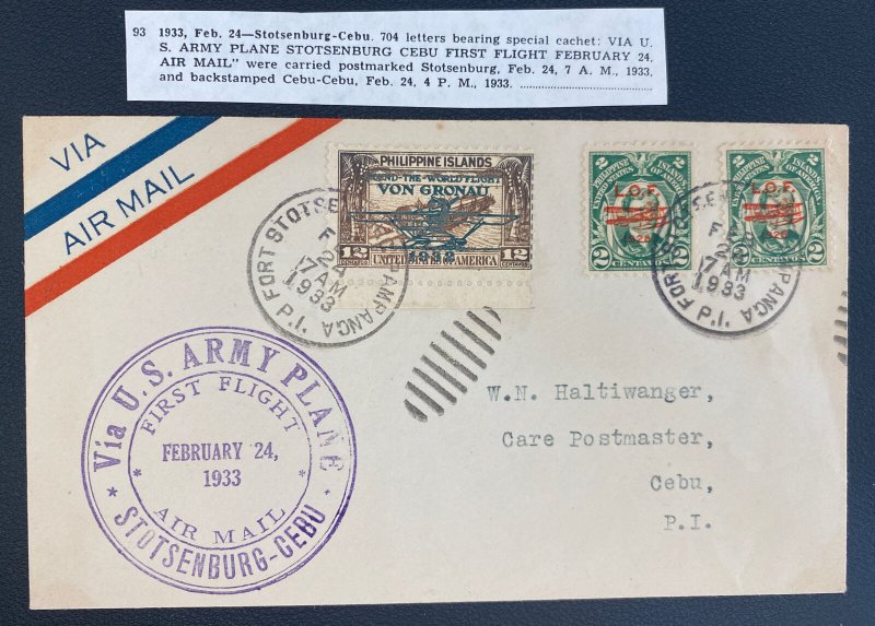 1933 Stotsenburg Philippines First Flight Airmail Cover To Cebu US Army Planes