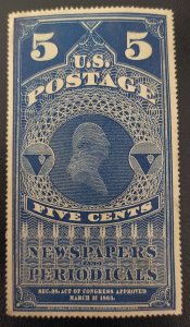 Scott Stamp# PR4 - 1865 5¢ Newspapers & Periodicals, Blue. Unused. SCV $900.00