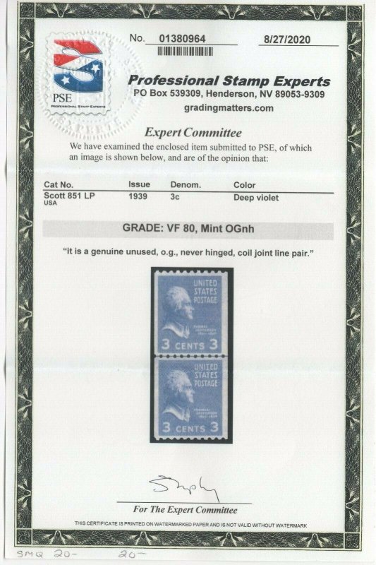 #851 Pair - GP Graded XF 80 Mint NH OG w/PSE Cert. SMQ. $20 (JH 9/17)  