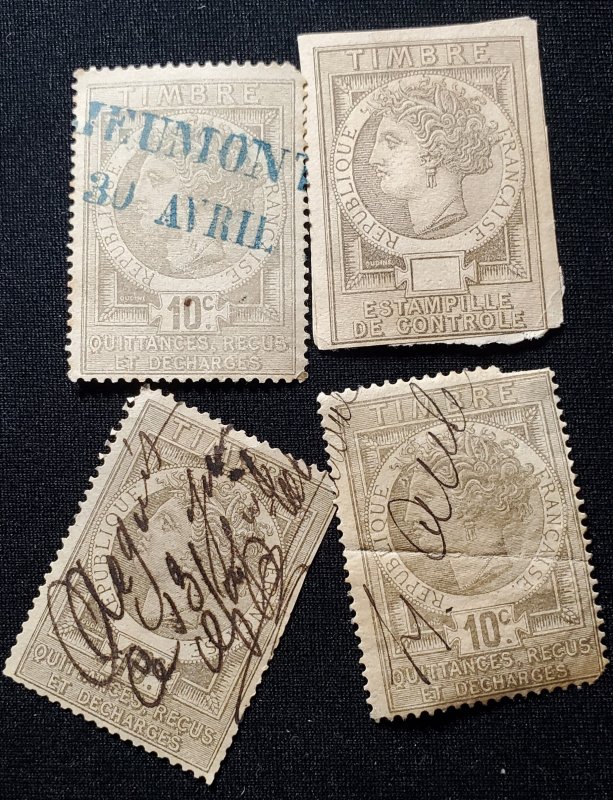 France Revenue -- Tax Control Stamps, 1870s, 4 stamps, crease and fault