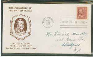 US 823 1938 18c Ulysses S. Grant (presidential/prexy series) single on an addressed first day cover with a Hux Cut cachet.