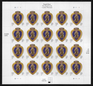 US #3784 37c Purple Heart Sheet, VF/XF OG NH, fresh sheets, STOCK PHOTO