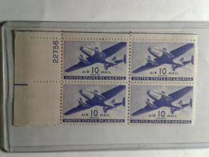 SCOTT # C27  10 CENT DESIRABLE AIR MAIL PLATE BLOCK MINT HINGED