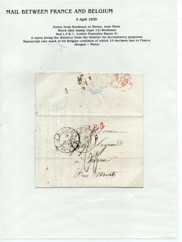 FRANCE Early LETTER/COVER 1830 fine used item Bordeaux - Hornu Belgium