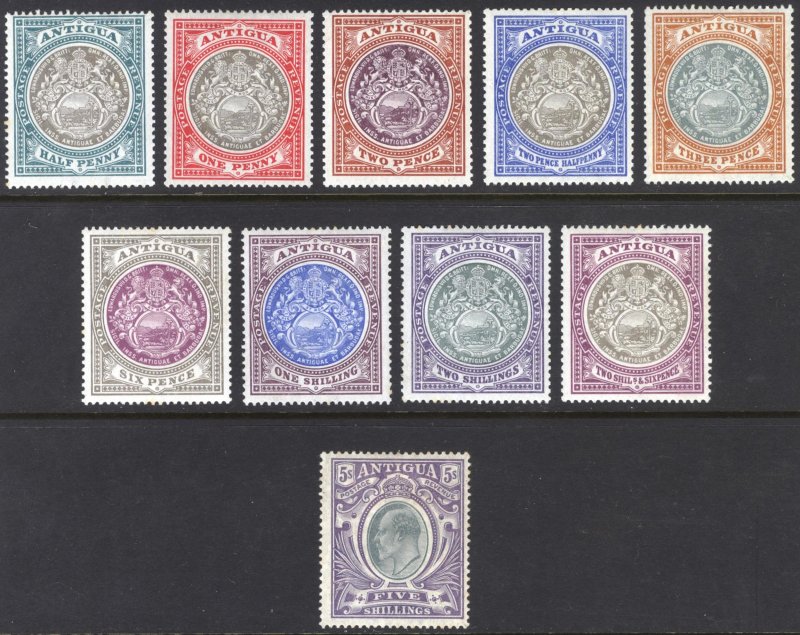 Antigua 1903 1/2d-5s Seal EVII Wmk Crown CC Scott 21-30 SG 31-40 MLH Cat $372