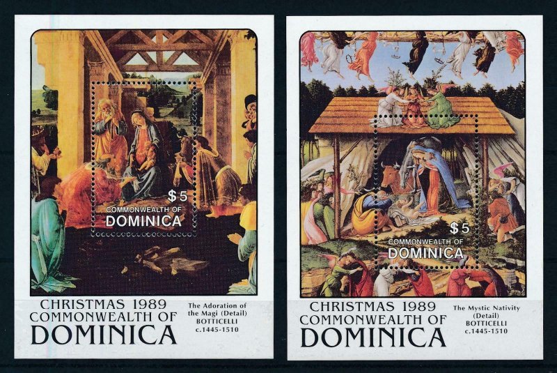 [105774] Dominica 1989 Christmas art paintings Botticelli 2 Souv. Sheets MNH