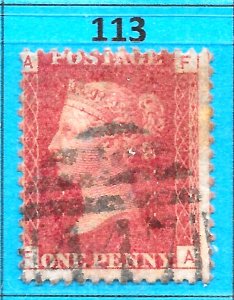 GB QV 1868 SG43 / 44, 1d Penny Red, Good Used, Plate 113 (FA)