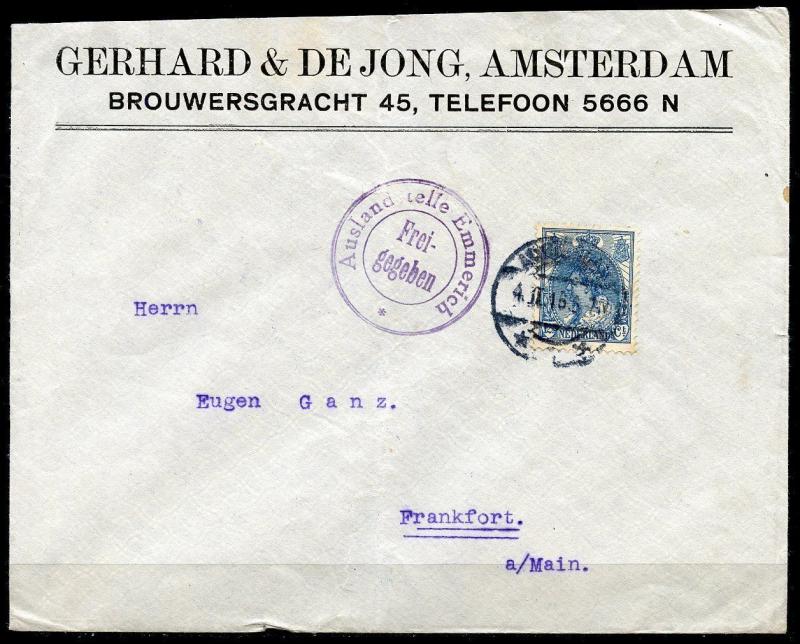 NETHERLANDS AMSTERDAM WORLD WAR I  4.II.15  COVER TO FRANKFURT GERMANY