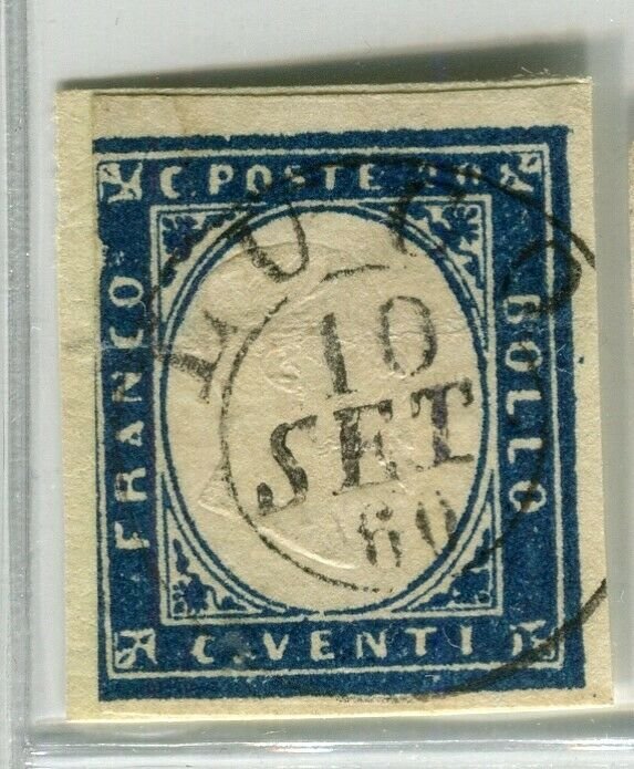 ITALY SARDINIA; 1855 classic Imperf issue used SHADE of 20c. value + POSTMARK