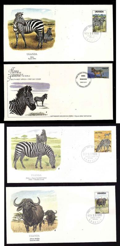 Flora & Fauna of the World #145-Animals-Zebra-Buffalo-four different FDCs with s