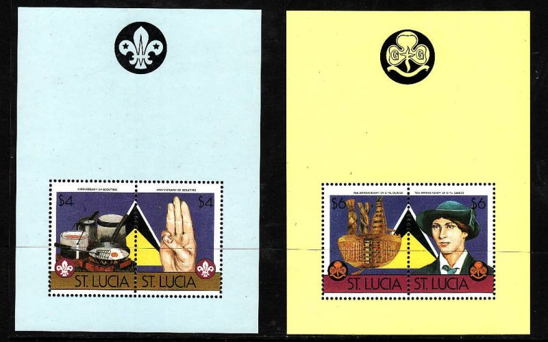 St Lucia-Sc#823-4-unused NH sheets-Scouting-Girl Guides-1986-
