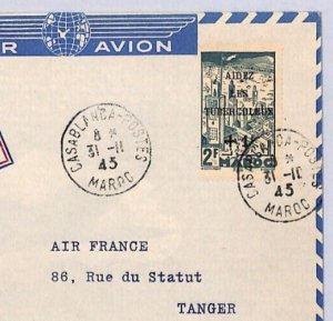 MOROCCO Cover AIR FRANCE 1945 RE-OPENING Tangier-Casablanca ANTI-TB Stamp YF100