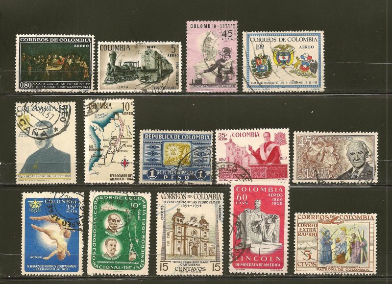 Colombia Collection of 15 Different 1950's-1960's Commemorative Stamps Used