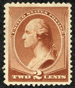 US # 210 SCV $87.50 2c Washington, XF mint hinged, wonderfully centered for t...