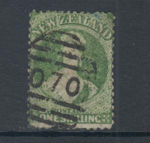 New Zealand Sc 37a, SG 124, used. 1864-72 1sh green QV, pulled perf, Cert