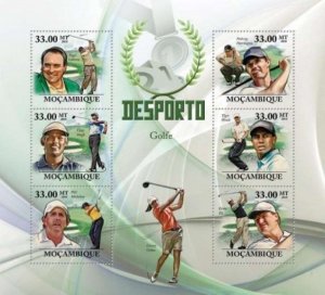 Mozambique - Golf - Woods, Mickelson, Els- 6 Stamp  Sheet 13A-438