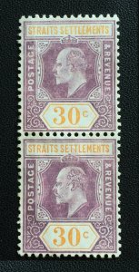 Malaya Straits Settlements 1909 KEVII 30c 2V Block MCCA MLH SG#162 M1872