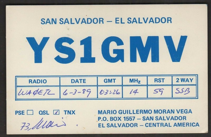 QSL CARD YS1GMV,Mario Guillermo Moran Vega,El Salvador,Central America(Q4516)