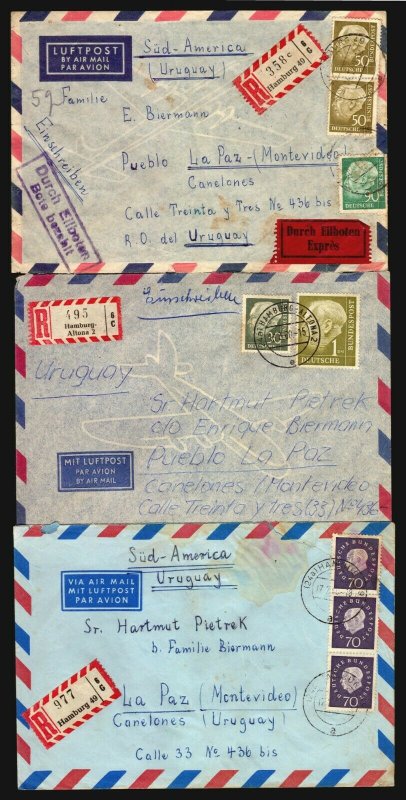 Germany 3 Air mail Covers ca 1960 registered to Uruguay South America Heuss