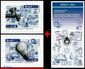 3327-28 BRAZIL 2016 CONSCIOUS CONSUMPTION OF WATER & ELECTRICITY, MNH + BROCHURE