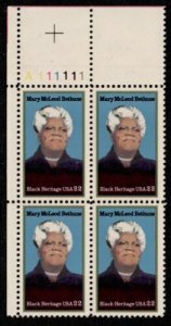 1985 Mary McLeod Bethune Plate Block of 4 22c Postage Stamps, Sc# 2137, MNH, OG