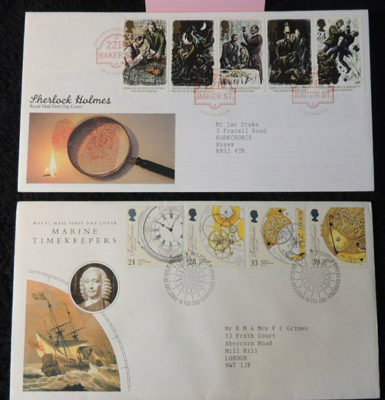 GB 1993 QEII FDC 2 marine timekeepers, sherlock holmes