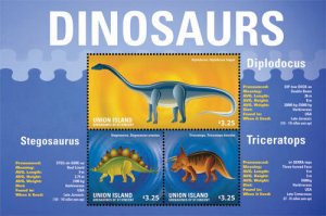 UNION ISLAND 2014 - DINOSAURS - SHEET OF 3 STAMPS (#2) - MNH