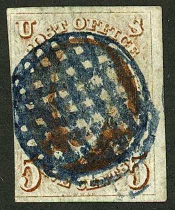 U.S. #1B USED WITH PF CERT BLUE CRISS CROSS GRID CANCEL