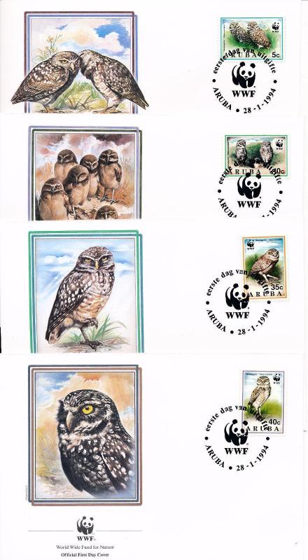 [53590] Aruba 1994 Birds Vögel Oiseaux Ucelli WWF FDC Owls 4 covers