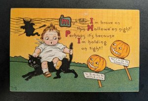 1914 Girl Riding Black Cat Illustrated Halloween Postcard Cover Hartford CT
