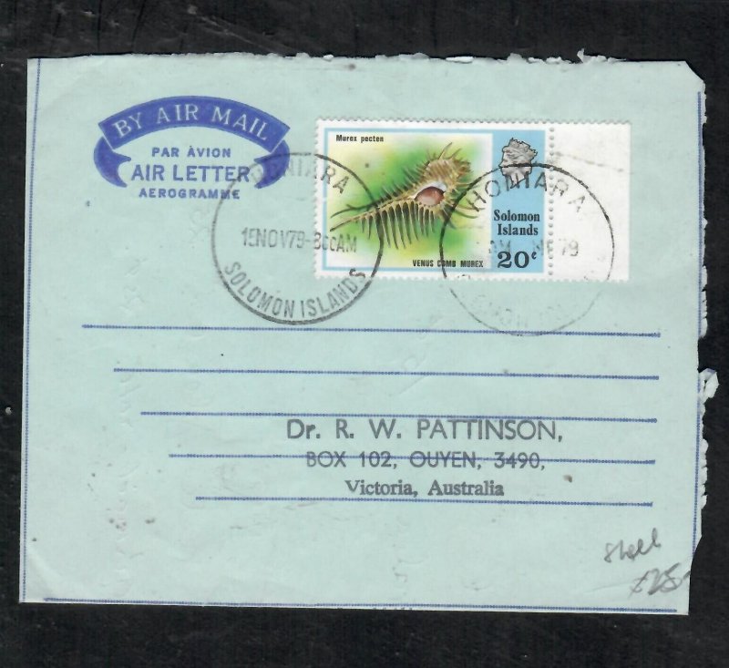 BRITISH SOLOMON ISLANDS COVER (P0112B) 1979 FORMULA AEROGRAM 20C SHELL-AUSTRALIA 