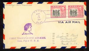 FIJI FFC 1941 First Flight Cover Suva to SAN FRANCISCO USA