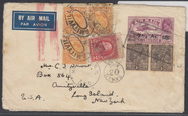 India 1936 uprated surcharged entire sent to NY with US Definitives as post. due